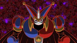 caine_(the_amazing_digital_circus) cape diablomon digimon epic horns looking_at_viewer omegamon parody pomni_(the_amazing_digital_circus) serious the_amazing_digital_circus