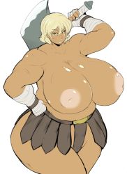  1girl axe blonde_hair blue_eyes breasts copyright_request curvy dark-skinned_female dark_skin female_focus gigantic_breasts inverted_nipples large_areolae looking_at_viewer muscular nipples plump puffy_nipples sasaki_tatsuya scar short_hair solo standing thick_thighs thighs topless weapon wide_hips  rating:Questionable score:64 user:railbreaker
