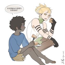  2boys arm_tattoo black_hair blonde_hair blue_eyes cake child dark-skinned_male dark_skin dungeon_meshi eating elf food food_on_face fork gorget helki_(dungeon_meshi) highres holding holding_fork holding_plate kabru male_focus multiple_boys notched_ear plate pointy_ears ponytail shirt short_hair simple_background sleeveless tattoo tqcyanciel white_background yellow_eyes 