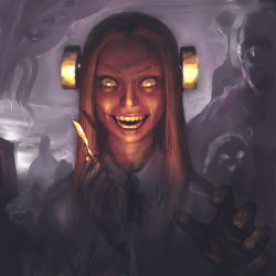  1girl blonde_hair bolt crazy_eyes creepy crowd doctor electrodes face franken_fran glasgow_smile horror_(theme) jewelry lab_coat lace long_hair looking_at_viewer madaraki_fran monster necklace rape_face realistic samsay scalpel scar smile solo stitches teeth tentacles yellow_eyes you_gonna_get_raped  rating:Sensitive score:56 user:inu_gurl_05