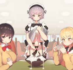 1girl 2boys apron black_bow black_hair black_thighhighs blonde_hair blunt_bangs blush bow bowtie breasts brown_eyes cellphone censored closed_mouth clothes_lift collared_shirt cum cum_on_food dress dress_lift ejaculation erection food garter_belt garter_straps hair_ornament hairclip has_uncensored_version highres holding holding_phone holding_tray ice_cream indoors lifting_own_clothes lingerie long_sleeves looking_away looking_down maid maid_headdress male_masturbation masturbation mosaic_censoring multiple_boys neckerchief necktie no_panties open_mouth original parted_lips penis penis_ornament pepper0 phone public_indecency public_masturbation puffy_short_sleeves puffy_sleeves red_bow restaurant sailor_collar shaved_ice shirt short_hair short_sleeves skindentation smartphone table testicles thighhighs trap tray trembling underwear white_apron white_shirt yellow_eyes rating:Explicit score:351 user:danbooru