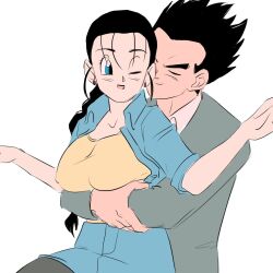  black_hair blue_eyes blush breasts couple dragon_ball dragon_ball_gt happy hugged_from_behind husband_and_wife large_breasts smile son_gohan tagme videl  rating:Sensitive score:14 user:Dap5052