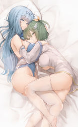 2girls ass bare_shoulders bed_sheet blue_bow blue_eyes blue_hair blue_leotard blunt_bangs bow breasts brown_eyes closed_mouth detached_sleeves feet_out_of_frame genek green_hair grey_shirt hair_bow hair_ribbon highres hug large_breasts leotard long_sleeves lying multiple_girls naked_shirt no_bra no_panties on_bed on_side one_eye_closed one_side_up open_clothes open_shirt pillow rabi-ribi ribbon rita_(rabi-ribi) saya_(rabi_ribi) shirt short_hair skindentation smile thighhighs thighs underboob white_legwear wing_hair_ornament yellow_ribbon rating:Questionable score:45 user:danbooru