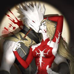 &gt;:) 1boy 1girl absurdres arm_behind_head arm_up armpits baldur&#039;s_gate baldur&#039;s_gate_3 bewaremypower black_lips blank_eyes blonde_hair blood blood_on_face blood_splatter bodysuit breasts brother_and_sister chinese_commentary circlet cleavage_cutout clothing_cutout collared_bodysuit colored_skin commentary_request dagger detached_sleeves dragon_boy drop_shadow dungeons_&amp;_dragons evil_smile furry furry_male grin headpiece highres holding holding_dagger holding_knife holding_weapon horns knife long_hair looking_at_another medium_breasts multiple_horns orin_the_red red_bodysuit red_eyes red_sleeves scales searchlight siblings sideboob slit_pupils smile the_dark_urge_(baldur&#039;s_gate) upper_body v-shaped_eyebrows weapon white_skin yellow_background 