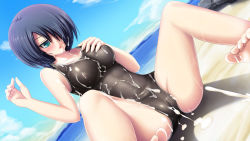  1girl akatuti aqua_eyes bare_legs barefoot beach black_one-piece_swimsuit blue_hair blush breasts cameltoe cloud covered_erect_nipples cum cum_on_body cum_on_clothes cum_on_hair cum_on_lower_body cum_on_upper_body cumdrip day dutch_angle fat_mons hair_over_one_eye hand_on_own_chest impossible_clothes impossible_swimsuit medium_breasts nipples ocean one-piece_swimsuit original outdoors see-through shadow shiny_clothes short_hair sitting sky solo spread_legs swimsuit toes  rating:Explicit score:37 user:danbooru