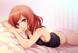 10s 1girl ass bare_shoulders bed_sheet blush breasts butt_crack indoors lips looking_at_viewer love_live! love_live!_school_idol_project lying medium_breasts nishikino_maki no_pants on_stomach panties parted_lips pink_panties purple_eyes red_hair shian_(my_lonly_life.) short_hair sideboob solo tank_top underwear underwear_only rating:Sensitive score:125 user:danbooru