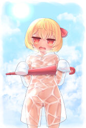  1girl @_@ absurdres blonde_hair breasts cleft_of_venus closed_umbrella cowboy_shot fang front_slit gluteal_fold harunoha highres holding holding_umbrella jitome naked_raincoat navel nipples open_mouth pussy raincoat red_eyes rumia short_hair sky small_breasts solo sun sweat touhou transparent_raincoat umbrella variant_set 