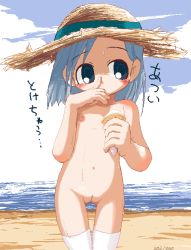 1girl 202/1000 beach blue_eyes blue_hair blush cleft_of_venus cloud flat_chest food hat ice_cream ikkyuu loli matching_hair/eyes navel nipples nude oekaki pussy solo source_request straw_hat sweat thigh_gap thighhighs uncensored rating:Explicit score:22 user:Tom23