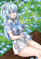  1girl :d absurdres animal_ear_headphones animal_ears blue_eyes blue_hair blue_neckerchief blush breasts collared_dress crop_top dress fake_animal_ears gloves goddess_of_victory:_nikke grey_sailor_collar hair_between_eyes hair_intakes headphones headset highres large_breasts light_blue_hair long_hair looking_at_viewer multicolored_clothes multicolored_gloves neckerchief open_mouth ramiki_(ramesgoag) sailor_collar shifty_(nikke) short_sleeves side_ponytail sitting smile solo thighs white_dress wrist_cuffs 