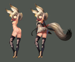 10s 1girl adjusting_hair animal_ear_fluff animal_ears arms_behind_head ass blade_&amp;_soul blue_eyes breasts earrings elbow_gloves gloves grey_background highres jewelry large_tail lyn_(blade_&amp;_soul) mouth_hold multiple_views panties qbspdl simple_background tail underwear variations rating:Explicit score:28 user:danbooru