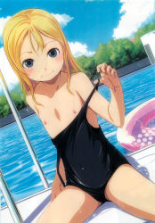 blonde_hair blue_eyes blush flat_chest highres innertube loli nipples partially_visible_vulva pool school_swimsuit sitting smile sody source_request swim_ring swimsuit topless undressing wet rating:Questionable score:308 user:dogfin