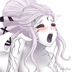  1girl ahegao black_sclera blush colored_sclera cslucaris drooling female_focus glowing glowing_eyes highres monochrome naughty_face nude red_eyes rolling_eyes rwby salem_(rwby) sexually_suggestive simple_background solo spot_color sweat tears tongue tongue_out white_background  rating:Questionable score:79 user:Kirbyman01
