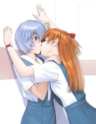 2girls against_wall arm_up ayanami_rei bandaid bandaid_on_hand blouse blue_hair blue_skirt blush brown_hair buttons colored_eyelashes commentary_request from_side hair_between_eyes hair_ornament hand_on_another&#039;s_shoulder hand_up holding_another&#039;s_wrist kabedon kiss leaning_forward long_hair looking_at_another multiple_girls neon_genesis_evangelion pale_skin pleated_skirt profile red_eyes school_uniform shadow shirt short_hair short_sleeves skirt souryuu_asuka_langley standing surprise_kiss surprised suspender_skirt suspenders tokyo-3_middle_school_uniform two_side_up upper_body watanabe_yasuaki watch white_shirt wide-eyed wristwatch yuri rating:Sensitive score:73 user:danbooru