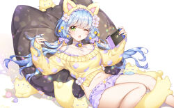  1girl animal_ear_hairband animal_ears bare_shoulders blue_hair blush breasts cat cat_day collarbone commission cushion fake_animal_ears fang flower green_eyes hair_flower hair_ornament hairband highres holding long_hair long_sleeves looking_at_viewer low_twintails lying medium_breasts munlu_(wolupus) navel off-shoulder_sweater off_shoulder one_eye_closed original short_shorts shorts skeb_commission sleeves_past_wrists solo sweater twintails yellow_sweater 