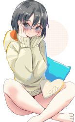 1girl absurdres bare_legs barefoot black_eyes black_hair blush closed_mouth commentary english_commentary glasses hair_between_eyes hakamichi_shizune hands_on_own_cheeks hands_on_own_face heart heart-shaped_pillow highres hood hooded_sweater hoodie katawa_shoujo long_sleeves looking_at_viewer maikurorensu over-rim_eyewear pillow semi-rimless_eyewear short_hair sitting sleeves_past_wrists smile solo sweater tan_sweater thighs white_background