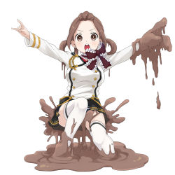  1girl artist_request bow brown_eyes brown_hair character_request copyright_request highres long_sleeves looking_at_viewer messy mud \n/ official_art outstretched_arms pleated_skirt simple_background skirt solo thighhighs twintails white_background white_thighhighs youkai_hyakki-tan!  rating:Sensitive score:2 user:danbooru