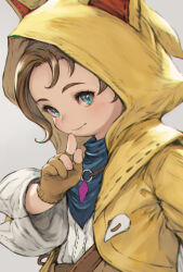  1girl animal_ears animal_hood blue_eyes brown_background brown_gloves brown_hair cat_hood final_fantasy final_fantasy_xiv finger_to_cheek from_side gloves hand_up highres hood hood_up hooded_jacket index_finger_raised jacket jewelry krile_mayer_baldesion_(ff14) lalafell looking_at_viewer makimura_shunsuke o-ring open_clothes open_jacket partially_fingerless_gloves pendant short_hair simple_background slit_pupils smile solo upper_body yellow_jacket 