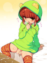  1boy bar_censor bottomless brown_eyes brown_hair censored covered_erect_nipples cum flaccid foreskin highres hood hoodie kirin_kakeru leaning_back loli male_focus on_bed open_mouth original penis raincoat red_hair saliva shota small_penis solo striped_clothes striped_thighhighs testicles thighhighs trap  rating:Explicit score:203 user:danbooru