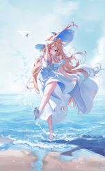  1girl absurdres alternate_costume animal_ears archetto_(arknights) arknights beach blonde_hair blue_eyes blue_sky blush commentary_request dress ears_through_headwear hat hat_ribbon high_heels highres kicking lilac_(k32420276) lion_ears long_hair looking_at_viewer medium_dress ocean one_eye_closed outdoors paper_airplane pink_ribbon ribbon skirt_hold sky smile solo standing standing_on_one_leg sun_hat very_long_hair white_dress white_footwear white_hat 