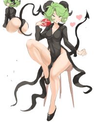 1girl alternate_breast_size ass black_dress black_footwear black_horns black_tail box breasts cleavage collage collared_dress cropped_legs curly_hair demon_horns demon_tail dress feet_on_chair female_focus flats flipped_hair full_body green_eyes green_hair heart heart-shaped_box highres horns leg_up long_legs matching_hair/eyes medium_breasts no_panties one-punch_man pelvic_curtain pointy_ears rakeemspoon sheep_horns short_hair side_slit simple_background sitting solo stool tail tatsumaki thick_thighs thighs white_background rating:Questionable score:58 user:danbooru