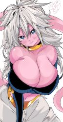  1girl android_21 arm_under_breasts bandeau blue_eyes bracelet breasts cleavage colored_skin detached_sleeves dragon_ball dragon_ball_fighterz earrings female_focus highres huge_breasts jewelry kinakomochi_(user_vedc2333) long_hair looking_at_viewer majin_android_21 navel pink_skin skindentation solo strapless tail white_hair  rating:Sensitive score:15 user:catonfire26