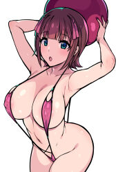  1girl amami_haruka armpits arms_up ball bare_shoulders beachball blush breasts brown_hair cleavage collarbone covered_erect_nipples hair_ribbon hidebou highres idolmaster idolmaster_(classic) large_breasts looking_at_viewer navel open_mouth ribbon short_hair slingshot_swimsuit solo swimsuit thighs  rating:Questionable score:23 user:danbooru