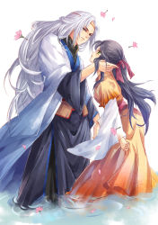  1boy 1girl black_hair character_request flower hair_between_eyes hair_ribbon half_updo hand_on_another&#039;s_face hetero inuyasha long_hair looking_at_another muriko ribbon standing very_long_hair wading water white_hair wide_sleeves 