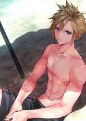  1boy 26caaan beach beach_umbrella black_male_swimwear blonde_hair blue_eyes closed_mouth cloud_strife cloud_strife_(wild_surf) collarbone final_fantasy final_fantasy_vii final_fantasy_vii_rebirth final_fantasy_vii_remake hair_between_eyes highres looking_at_viewer male_focus male_swimwear official_alternate_costume own_hands_together sand short_hair sitting solo spiked_hair toned toned_male topless_male umbrella upper_body 