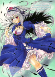  1girl dress feathers gothic_lolita hairband lolita_fashion long_hair red_eyes rozen_maiden silver_hair solo suigintou wings  rating:Sensitive score:2 user:ccrc