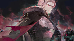  1boy 1other abstract_background absurdres arknights armor black_background black_cape cape commentary_request enmokuritsu-d frown fur-trimmed_cape fur_trim helmet highres horns looking_at_viewer painterly parted_bangs parted_lips pink_hair pointy_ears red_eyes short_hair theresis_(arknights) torn_cape torn_clothes two-sided_cape two-sided_fabric upper_body 