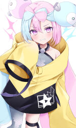 1girl absurdres blush character_hair_ornament commentary creatures_(company) game_freak green_hair grey_pantyhose grey_shirt grin hair_ornament hand_up highres iono_(pokemon) jacket long_hair looking_at_viewer megupi multicolored_hair nintendo pantyhose pink_hair pokemon pokemon_sv purple_eyes shirt single_leg_pantyhose sleeveless sleeveless_shirt smile star_(symbol) star_print symbol-only_commentary teeth thigh_strap two-tone_hair white_background yellow_jacket rating:Sensitive score:12 user:danbooru