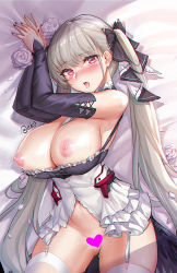 ahegao arms_up azur_lane bare_shoulders bed_sheet between_breasts breasts censored clothes_pull collar corset dress_pull drooling elbow_gloves flower formidable_(azur_lane) garter_straps gloves hair_ribbon heart heart_censor lactation large_breasts long_hair looking_at_viewer lying nail_polish naughty_face navel no_panties on_back on_side pink_eyes pussy_juice ribbon rose saliva shiny_skin sideboob skindentation solo thighhighs tongue tongue_out tsuki_no_i-min twintails very_long_hair wet white_flower white_hair white_rose white_thighhighs rating:Explicit score:91 user:danbooru