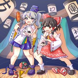  2girls :d black_footwear black_hair blue_footwear blue_hair blue_ribbon blue_skirt blue_sky bow collared_shirt commentary_request copyright_request detached_sleeves food frilled_bow frilled_hair_tubes frilled_skirt frills green_ribbon grey_eyes grey_hair hair_bow hair_tubes hakurei_reimu hat hat_ribbon japanese_clothes jitome kappy745 kariginu long_sleeves mary_janes miniskirt mononobe_no_futo multiple_girls onigiri open_mouth pleated_skirt ponytail power_item_(touhou) red_bow red_eyes red_ribbon red_skirt ribbon ribbon-trimmed_sleeves ribbon_trim shirt shoes skirt skirt_set sky sleeveless sleeveless_shirt smile socks sweatdrop tate_eboshi touhou twitter_logo twitter_username v-shaped_eyebrows white_ribbon white_sleeves white_socks wide_sleeves wifi_symbol yellow_ribbon 