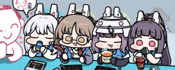  1boy 4girls :3 animal_ears black_hair blue_archive blue_halo blunt_bangs blush_stickers broken_chopsticks brown_eyes brown_hair chopsticks commentary cup_ramen doodle_sensei_(blue_archive) fake_animal_ears flying_sweatdrops food glasses green_halo grey_halo halo helmet high_ponytail holding jazz_jack miyako_(blue_archive) miyu_(blue_archive) moe_(blue_archive) multiple_girls onigiri orange_halo pink_eyes rabbit_ears rabbit_platoon_(blue_archive) round_eyewear saki_(blue_archive) sausage sensei_(blue_archive) shin_ramyun tablet_pc thought_bubble twintails wide_face 