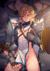 3boys armor blonde_hair blush bulge erection erection_under_clothes fingerless_gloves gloves grin groping hand_under_clothes heart heart-shaped_pupils helmet highres link long_hair male_focus multiple_boys nintendo official_alternate_costume pointy_ears scar shield smile sweat sword symbol-shaped_pupils tabard the_legend_of_zelda tubumi weapon yaoi rating:Explicit score:311 user:FabricioDias