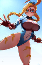  1girl adapted_costume asymmetrical_bangs backlighting beret blonde_hair blue_eyes bodypaint bow bowtie braid braided_ponytail breasts cammy_white cammy_white_(cosplay) cleavage cleavage_cutout closed_mouth clothing_cutout cosplay cowboy_shot eye_mask fingerless_gloves flying from_below fujioka_yatsufusa garrison_cap gloves gluteal_fold hat highleg highleg_leotard highres huge_breasts jumping kamen_america kamen_america_(comic) leotard long_bangs long_hair long_sleeves looking_at_viewer outstretched_arms red_gloves ribbed_leotard signature sky smile solo star_cutout street_fighter street_fighter_zero_(series) thick_thighs thighs thong_leotard yellow_bow yellow_bowtie 