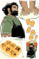  1boy apron arm_hair arms_up beard beard_over_mouth black_apron black_eyes black_hair bread chilchuck_tims closed_mouth collared_shirt commentary cropped_torso deformed dough dungeon_meshi dwarf english_commentary english_text facial_hair falin_touden food green_shirt hand_hair highres izutsumi kneading_dough laios_touden looking_to_the_side male_focus marcille_donato multiple_views objectification oven_mitts robodumpling senshi_(dungeon_meshi) shirt short_hair short_sleeves simple_background white_background 