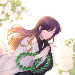  1girl artist_name beads blonde_hair buddhist_nun character_name commentary copyright_name english_commentary english_text fingernails flower_request gradient_hair highres hijiri_byakuren japanese_clothes jyan_(jyan0209) kimono lips long_hair looking_at_viewer monk multicolored_hair nun own_hands_together palms_together prayer_beads purple_hair touhou yellow_eyes 
