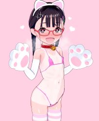 1girl 3d animal_ear_headband animal_hands bell bikini black_eyes black_hair blush braid braided_ponytail breath collar flat_chest freckles fut_(pixiv29914540) glasses gloves hair_ornament hairband hairclip heart highres koikatsu_(medium) leash loli looking_at_viewer micro_bikini naughty_face navel neck_bell open_mouth paw_gloves paws pink_background pink_bikini shiny_skin simple_background standing striped striped_thighhighs swimsuit tan tanline thighhighs trembling twintails rating:Questionable score:187 user:qaswer456