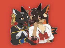  2girls animal_ear_fluff animal_ears black_fur blush body_fur borrowed_character breasts brown_eyes brown_fur candy cat_girl chocolate chocolate_heart claws closed_mouth collared_shirt commentary_request criss-cross_halter cropped_torso dog_ears dog_girl ear_piercing egyptian egyptian_clothes fangs food furry furry_female halterneck hand_on_own_face hand_up hands_up heart highres holding looking_at_another medium_breasts multiple_girls open_mouth original piercing rata_(norahasu) red_background shirt short_eyebrows simple_background smile upper_body valentine white_shirt yellow_eyes yuri 