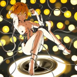 1girl android breasts brown_eyes brown_hair cable cleavage convenient_leg cyborg damaged expressionless floating full_body looking_at_viewer mecha_musume mechanical_parts nipples nude original short_hair small_breasts solo tsuba-san-san rating:Questionable score:19 user:danbooru