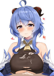 1boy 1girl ahoge ayul_(ayulneri_92) bad_id bad_pixiv_id bare_shoulders bell black_gloves blue_hair blush bodysuit breasts breasts_squeezed_together brown_bodysuit cum cum_on_body cum_on_breasts cum_on_clothes cum_on_upper_body detached_sleeves elbow_gloves ganyu_(genshin_impact) genshin_impact gloves hetero highres horns large_breasts long_hair looking_at_viewer paizuri paizuri_under_clothes penis purple_eyes torn_clothes rating:Explicit score:157 user:danbooru