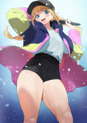  1girl :d baseball_cap black_shorts blonde_hair blue_eyes braid confetti from_below hat holding holding_microphone ikuchan_kaoru jacket long_hair looking_at_viewer looking_down microphone multicolored_clothes multicolored_jacket open_mouth paripi_koumei shirt shirt_tucked_in shorts simple_background smile solo teeth thighs tsukimi_eiko twin_braids upper_teeth_only white_shirt  rating:Sensitive score:48 user:danbooru