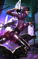  1girl ass batman_(series) black_cat black_footwear black_gloves bodysuit boots cat catwoman city commentary dc_comics dcwj english_commentary gloves highres looking_at_viewer night outdoors purple_bodysuit red_lips selina_kyle signature thigh_boots yellow_eyes 
