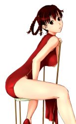 1girl bad_id bad_pixiv_id bare_legs braid breasts brown_eyes brown_hair chair china_dress chinese_clothes dead_or_alive dress hawoku_ishibare large_breasts lei_fang looking_at_viewer pelvic_curtain red_footwear shoes simple_background sitting sitting_backwards solo tecmo white_background rating:Sensitive score:23 user:danbooru