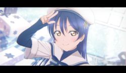 1girl arm_up blue_hair blush commentary_request hair_between_eyes hat kazuma_(theworld000021) layered_sleeves letterboxed long_hair long_sleeves looking_at_viewer love_live! love_live!_school_idol_festival love_live!_school_idol_project portrait ribbon salute short_over_long_sleeves short_sleeves smile solo sonoda_umi white_hat yellow_eyes