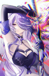  1girl acheron_(honkai:_star_rail) armpits black_choker black_gloves breasts choker chromatic_aberration cleavage coat commentary commentary_request criss-cross_halter crop_top detached_sleeves drawing_sword english_commentary gloves hair_ornament halterneck holding holding_sword holding_weapon honkai:_star_rail honkai_(series) kinokohime large_breasts long_hair looking_to_the_side midriff partial_commentary purple_eyes purple_hair scabbard sheath single_detached_sleeve solo star-shaped_pupils star_(symbol) sword symbol-shaped_pupils unsheathing upper_body weapon white_background white_coat 