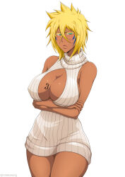 1girl absurdres alternate_costume arms_under_breasts arrancar artist_name bare_shoulders bleach blonde_hair breast_tattoo breasts cleavage cleavage_cutout clothing_cutout colored_eyelashes crossed_arms curvy dark-skinned_female dark_skin facepaint facial_mark female_focus green_eyes highres large_breasts looking_at_viewer meme_attire mistowing no_bra number_tattoo revealing_clothes ribbed_sweater short_hair simple_background sleeveless sleeveless_sweater solo sweater tattoo tier_harribel turtleneck turtleneck_sweater virgin_killer_sweater white_background white_sweater rating:Sensitive score:29 user:danbooru