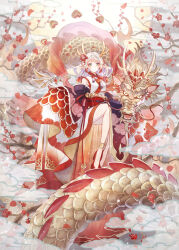  1girl ahoge anklet antlers bare_shoulders bead_necklace beads bell black_sleeves branch chinese_zodiac closed_mouth cloud colored_tips detached_sleeves dragon dragon_girl eastern_dragon fake_wings falling_flower falling_petals floral_print flower fog full_moon hair_flower hair_ornament high_heels highres horns in_tree japanese_clothes jewelry jingle_bell kimono layered_sleeves long_hair looking_at_viewer low_twintails moon multicolored_hair neck_tassel necklace obi open_mouth original petals pink_flower pointy_ears red_flower red_footwear red_hair red_sleeves sash scale_print sitting sleeves_past_fingers sleeves_past_wrists streaked_hair suzuneko-rin tree twintails white_hair white_kimono wide_sleeves wings year_of_the_dragon 