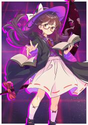  1girl absurdres black_coat black_footwear black_hat book border bow brown_hair chinese_commentary closed_mouth coat commentary_request floating_hair gap_(touhou) glasses grid_background hat hat_bow highres holding holding_book kagurachiriri long_hair open_book outline outside_border pink_outline purple_shirt reaching reaching_towards_viewer red-framed_eyewear red_bow red_ribbon red_tie ribbon ribbon-trimmed_skirt ribbon_trim shirt skirt smile socks solo telekinesis touhou usami_sumireko white_border white_bow white_skirt white_socks 